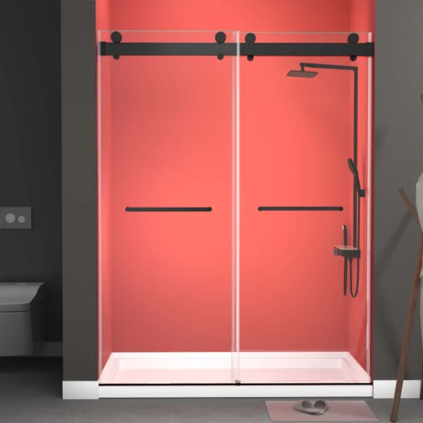 Shower Doors 68-72” W X 79” H With Soft Closing 3/8″ Clear Tempered Glass, Double Sliding Glass Shower Door Frameless Aluminium Alloy Hardware Matt Black