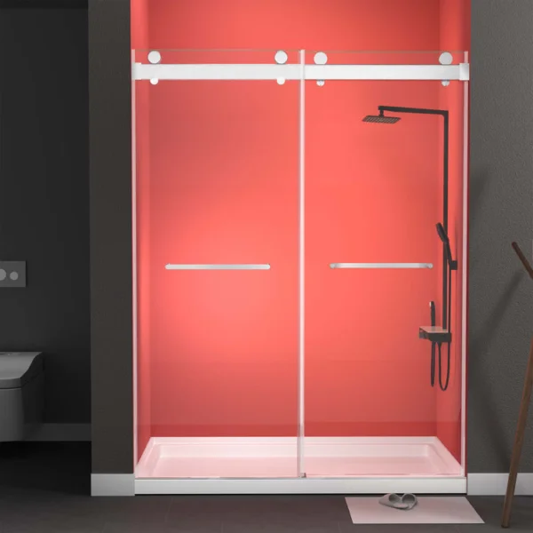 Shower Doors With Soft Closing System 56-60″ Width X 79″Height Frameless Double Sliding Glass Shower Door With 3/8″ Clear Tempered Glass Brushed Nickel Aluminium Alloy Hardware