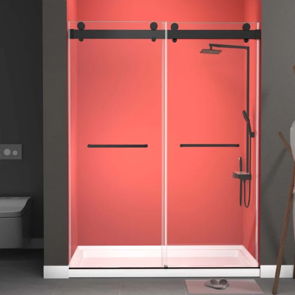 Shower Doors With Soft Closing System 56-60″ Width X 79″Height Frameless Double Sliding Glass Shower Door With 3/8″ Tempered Clear Glass Aluminum Alloy Hardware Matt Black