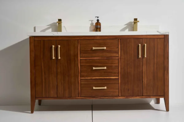 Aliza 72D” Freestanding Vanity With Ebony Stain and Calacatte White Counter top with Double Sink