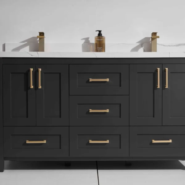 Bristol 60D” Freestanding Vanity With Black and Calacatte White Counter top with Double Sink