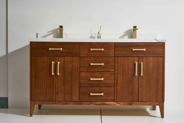 Cali 60D” Freestanding Vanity with Ebony Stain and Calacatte White Counter top with Double Sink