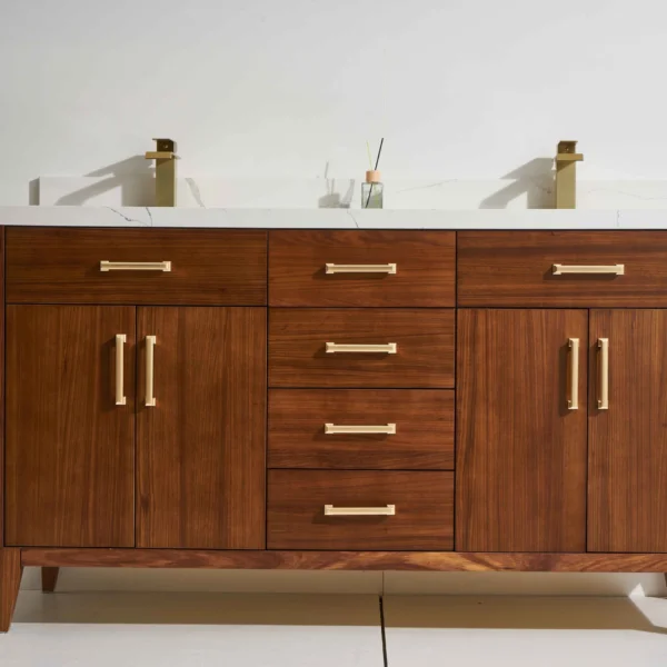 Cali 60D” Freestanding Vanity with Ebony Stain and Calacatte White Counter top with Double Sink