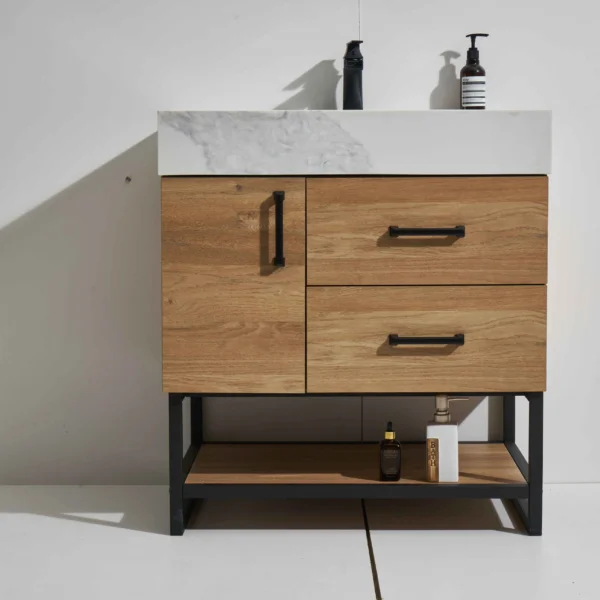 Freeze 30" Freestanding Vanity with Melamine Oak and Calacatte White Counter top with Single Sink
