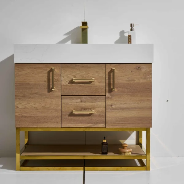 Freeze 36" Freestanding Vanity with Melamine Oak and Calacatte White Counter top with Single Sink