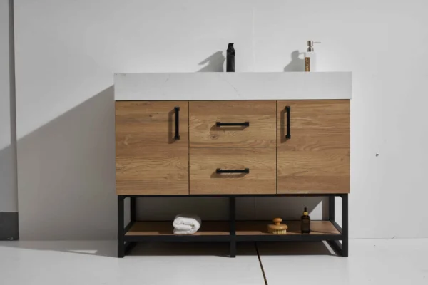 Freeze 48" Freestanding Vanity with Melamine Oak and Calacatte White Counter top with Single Sink