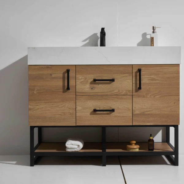 Freeze 42" Freestanding Vanity with Melamine Oak and Calacatte White Counter top with Single Sink