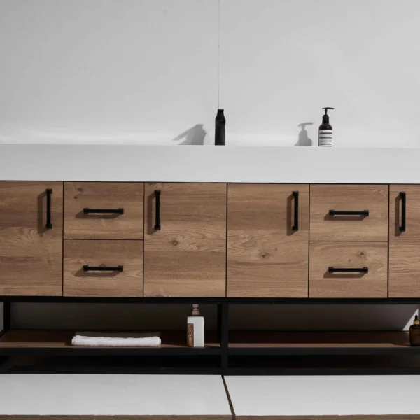 Freeze 72D" Freestanding Vanity with Melamine Oak and Calacatte White Counter top with Double Sink
