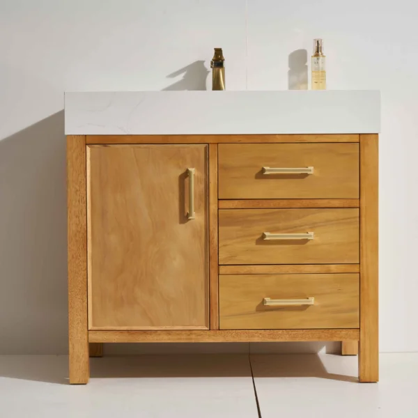 Milos 36" Freestanding Vanity with Natural Stain and Calacatte White Counter top with Single Sink