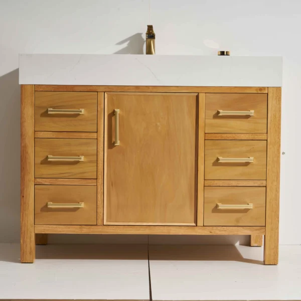 Milos 42" Freestanding Vanity with Natural Stain and Calacatte White Counter top with Single Sink