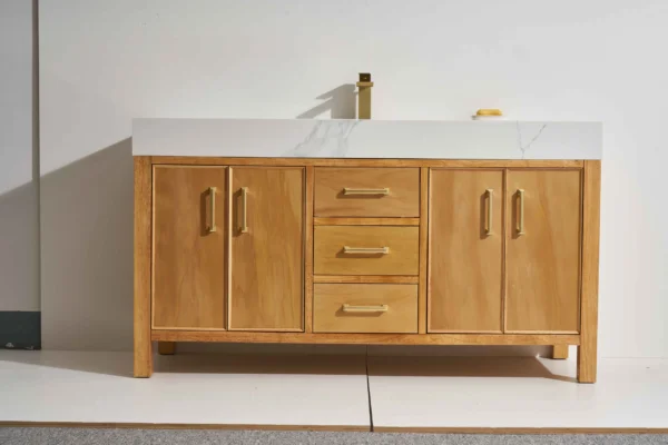 Milos 72D" Freestanding Vanity with Natural Stain and Calacatte White Counter top with Double Sink