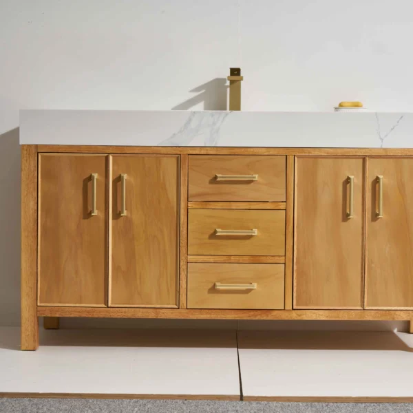 Milos 60D" Freestanding Vanity with Natural Stain and Calacatte White Counter top with Double Sink