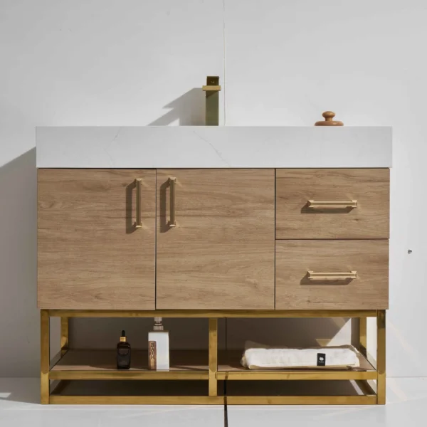 Mimosa 42" Freestanding Vanity with Melamine Oak and Calacatte White Counter top with Single Sink