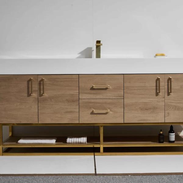 Mimosa 72D" Freestanding Vanity with Melamine Oak and Calacatte White Counter top with Double Sink