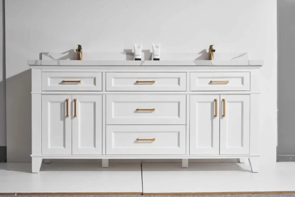 Modena 72D" Freestanding Vanity with White and Calacatte White Counter top with Double Sink