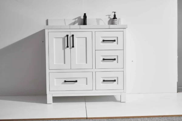 Palermo 36” Freestanding Vanity with White and Calacatte White Counter top with Single Sink