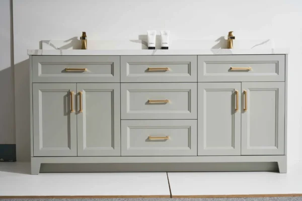 Rio 60D” Freestanding Vanity with Light Grey and Calacatte White Counter top with Double Sink