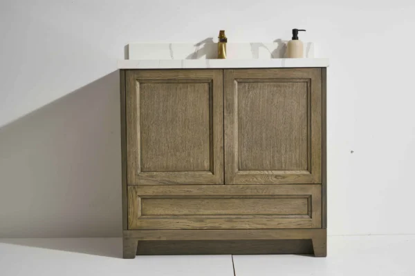 Roma 36” Freestanding Vanity with Oak Stain and Calacatte White Counter top with Single Sink
