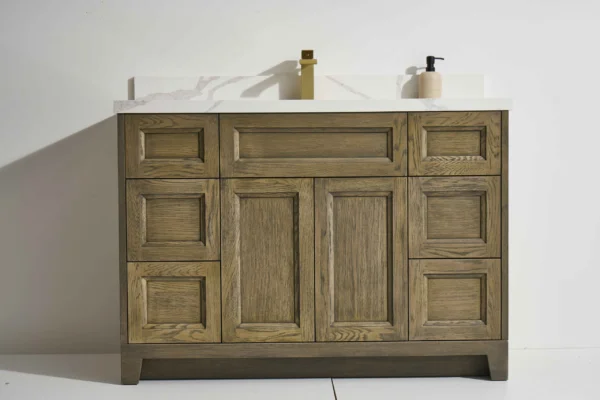 Roma 48” Freestanding Vanity with Oak Stain and Calacatte White Counter top with Single Sink
