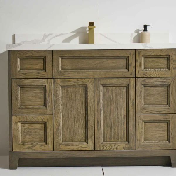 Roma 48” Freestanding Vanity with Oak Stain and Calacatte White Counter top with Single Sink