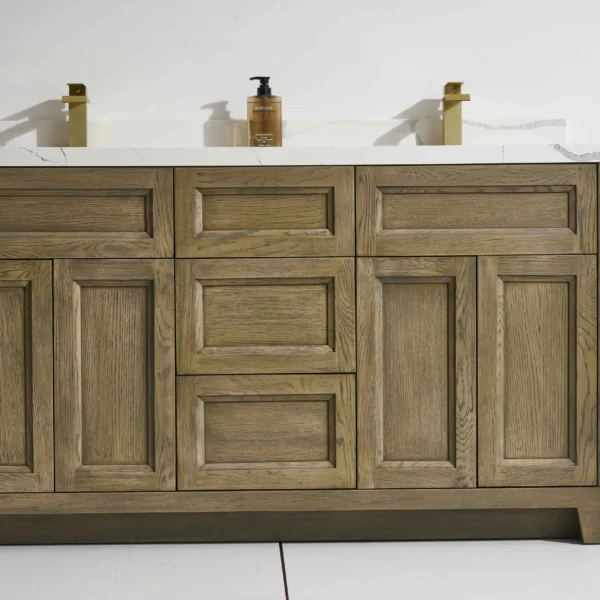 Roma 60D” Freestanding Vanity with Oak Stain and Calacatte White Counter top with Double Sink