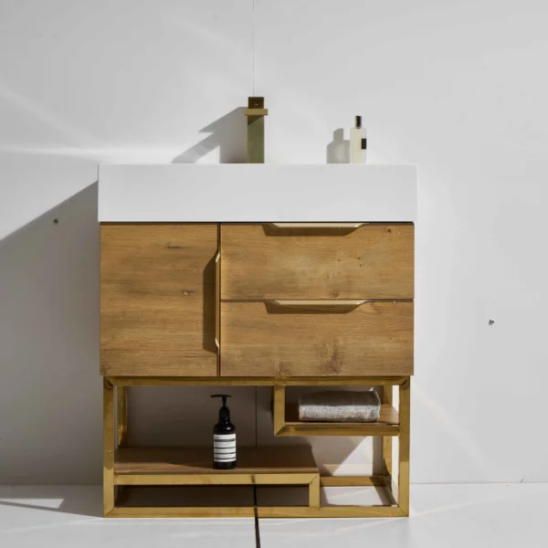 Sunny 30" Freestanding Vanity with Melamine Oak and Calacatte White Counter top with Single Sink