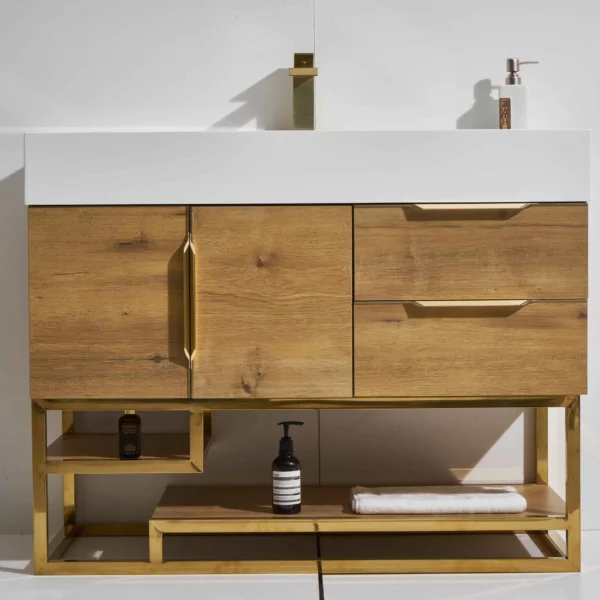 Sunny 60D" Freestanding Vanity with Melamine Oak and Calacatte White Counter top with Double Sink