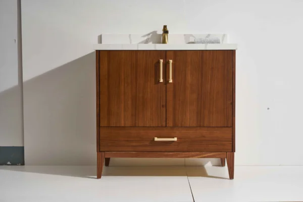 Cali 36” Freestanding Vanity with Ebony Stain and Calacatte White Counter top with Single Sink